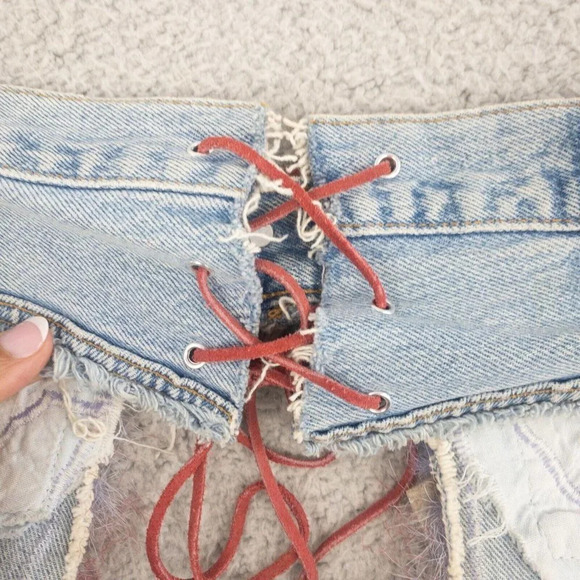 Levis Jeans Womens 30 x 30 Festival Hippie Fuzzy Lace Up Light Wash Upcycled - Picture 8 of 9